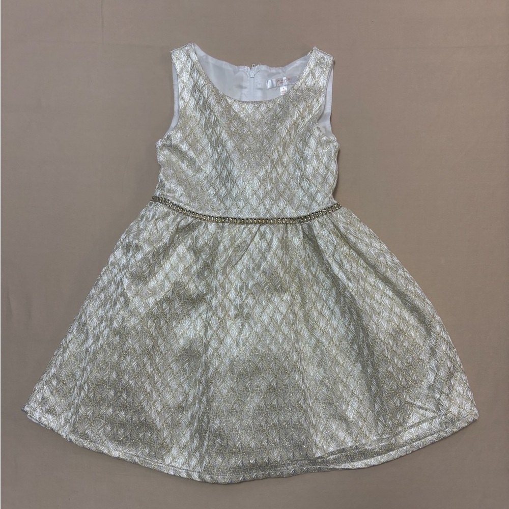 Tahari Girls Metallic Gold Fit and Flare Tie Back Dress with Gold Trim Size 4